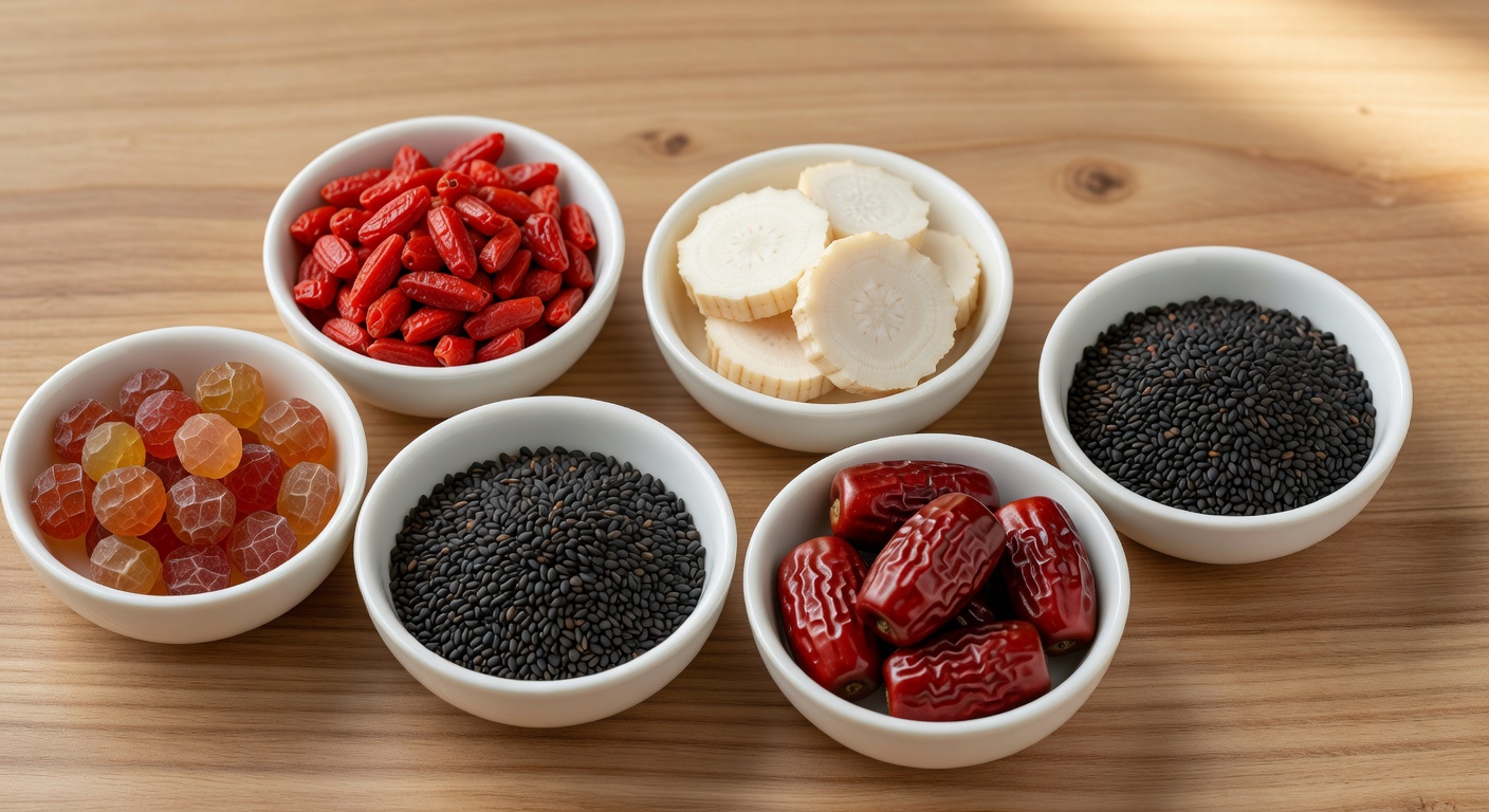 Traditional Chinese medicine herbs for fertility - goji berries, Chinese yam, black sesame