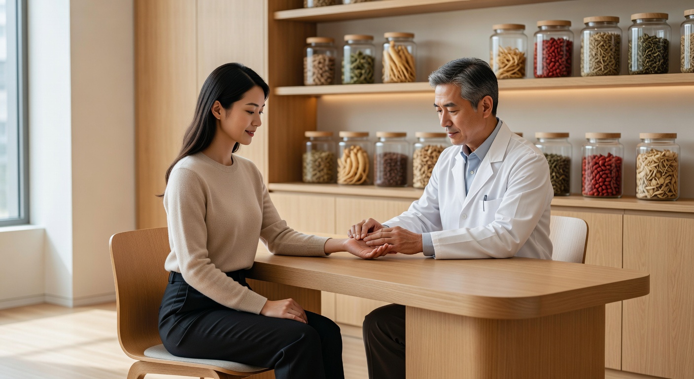 Woman consulting with a TCM physician about fertility herbs in a modern Singapore clinic