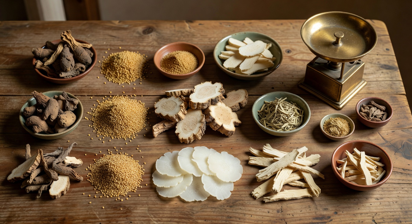 Traditional Chinese medicine fertility herbs including rehmannia root, angelica root, and astragalus arranged in ceramic bowls
