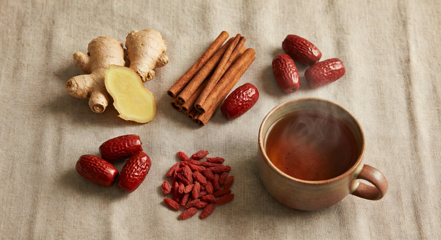 TCM herbs for menstrual health including ginger, cinnamon, red dates and herbal tea